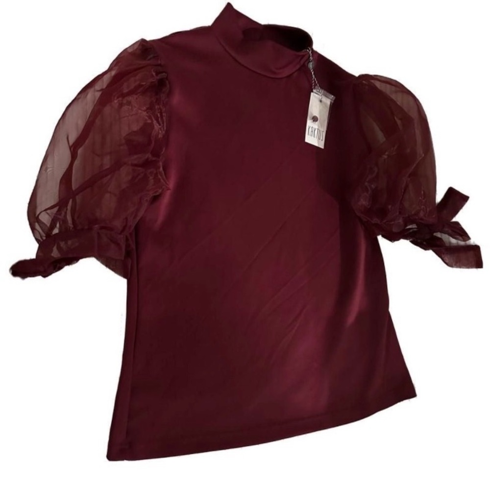 NWT Kaktus Sheer Puff Ribbon Short Sleeve Mock Neck Blouse in Wine, Medium